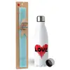 Easter Set, metallic stainless steel water bottle (750ml) & aromatic flat Easter candle (30cm) (TURQUOISE)