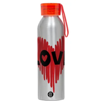 I Love You red heart, Αλουμινένιο Αθλητικό Μπουκάλι 650ml – Ασημί με Κόκκινο Καπάκι και Λουράκι Σιλικόνης