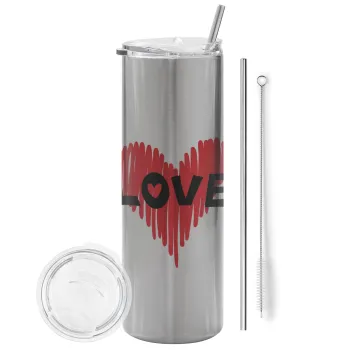 I Love You red heart, Tumbler ποτήρι θερμό Ασημένιο από ανοξείδωτο ατσάλι 600ml, με μεταλλικό καλαμάκι & βούρτσα καθαρισμού