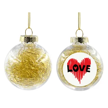 I Love You red heart, Transparent Christmas tree ball ornament with gold filling 8cm