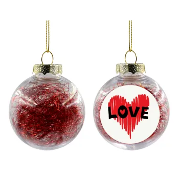 I Love You red heart, Transparent Christmas tree ball ornament with red filling 8cm