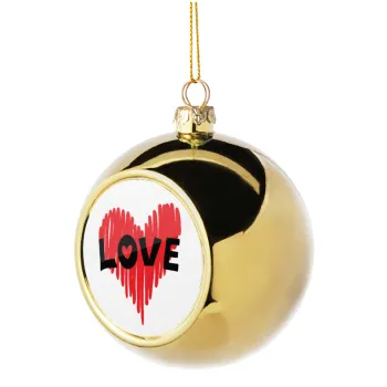 I Love You red heart, Golden Christmas tree ball ornament 8cm