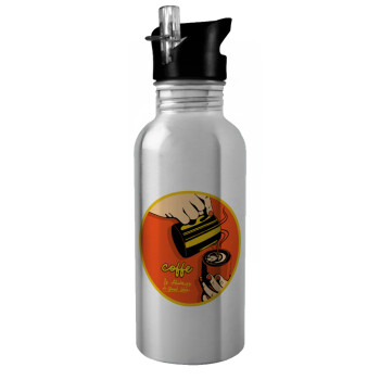 Coffe is always a good idea vintage poster, Water bottle Silver with straw, stainless steel 600ml