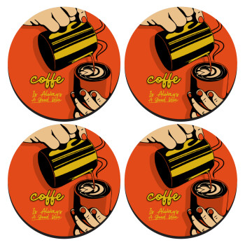 Coffe is always a good idea vintage poster, SET of 4 round wooden coasters (9cm)
