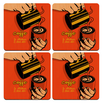 Coffe is always a good idea vintage poster, ΣΕΤ x4 Σουβέρ ξύλινα τετράγωνα plywood (9cm)