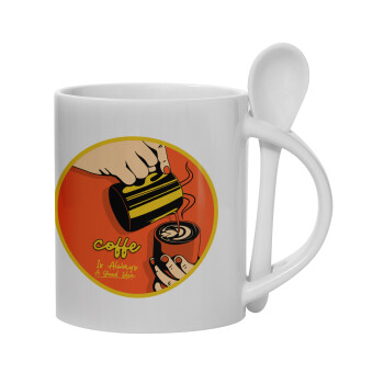 Coffe is always a good idea vintage poster, Ceramic coffee mug with Spoon, 330ml (1pcs)