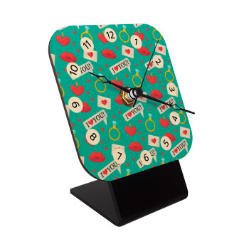 I Love You hearts rings & kiss pattern, Επιτραπέζιο ρολόι σε φυσικό ξύλο (10cm)