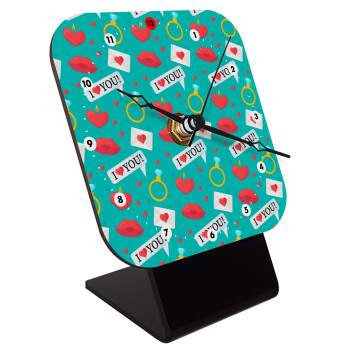 I Love You hearts rings & kiss pattern, Επιτραπέζιο ρολόι ξύλινο με δείκτες (10cm)