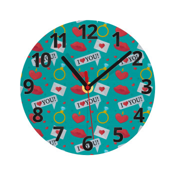 I Love You hearts rings & kiss pattern, Ρολόι τοίχου γυάλινο (20cm)
