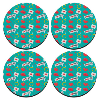 I Love You hearts rings & kiss pattern, ΣΕΤ 4 Σουβέρ ξύλινα στρογγυλά (9cm)