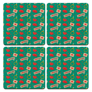 I Love You hearts rings & kiss pattern, ΣΕΤ x4 Σουβέρ ξύλινα τετράγωνα plywood (9cm)