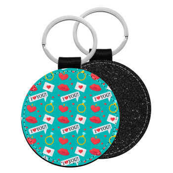 I Love You hearts rings & kiss pattern, Μπρελόκ Δερματίνη, στρογγυλό ΜΑΥΡΟ (5cm)