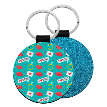 I Love You hearts rings & kiss pattern, Μπρελόκ Δερματίνη, στρογγυλό ΜΠΛΕ (5cm)