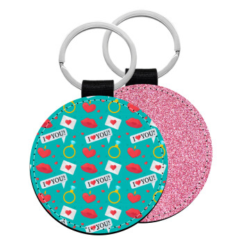 I Love You hearts rings & kiss pattern, Μπρελόκ Δερματίνη, στρογγυλό ΡΟΖ (5cm)