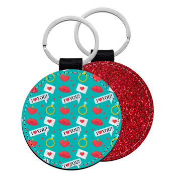 I Love You hearts rings & kiss pattern, Μπρελόκ Δερματίνη, στρογγυλό ΚΟΚΚΙΝΟ (5cm)