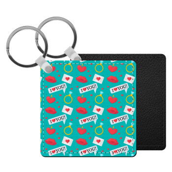 I Love You hearts rings & kiss pattern, Μπρελόκ Δερματίνη, τετράγωνο ΜΑΥΡΟ (5x5cm)