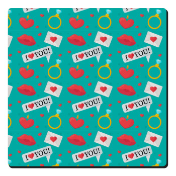 I Love You hearts rings & kiss pattern, Τετράγωνο μαγνητάκι ξύλινο 6x6cm