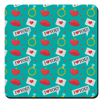 I Love You hearts rings & kiss pattern, Τετράγωνο μαγνητάκι ξύλινο 9x9cm