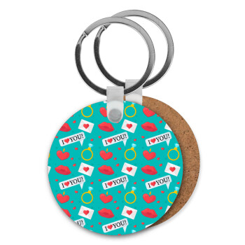 I Love You hearts rings & kiss pattern, Μπρελόκ Ξύλινο στρογγυλό MDF Φ5cm