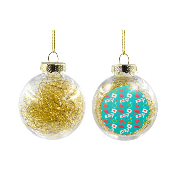 I Love You hearts rings & kiss pattern, Χριστουγεννιάτικη μπάλα δένδρου διάφανη με χρυσό γέμισμα 8cm