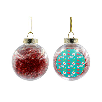 I Love You hearts rings & kiss pattern, Χριστουγεννιάτικη μπάλα δένδρου διάφανη με κόκκινο γέμισμα 8cm