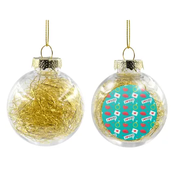 I Love You hearts rings & kiss pattern, Transparent Christmas tree ball ornament with gold filling 8cm