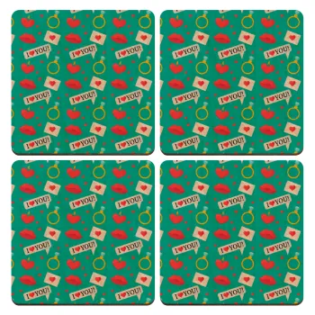 I Love You hearts rings & kiss pattern, ΣΕΤ x4 Σουβέρ ξύλινα τετράγωνα plywood (9cm)