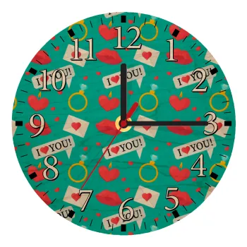 I Love You hearts rings & kiss pattern, Ρολόι τοίχου ξύλινο plywood (20cm)