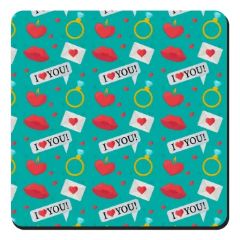 I Love You hearts rings & kiss pattern, Τετράγωνο μαγνητάκι ξύλινο 9x9cm