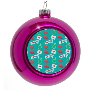 I Love You hearts rings & kiss pattern, Purple Christmas tree ornament bauble 8cm