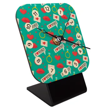 I Love You hearts rings & kiss pattern, Επιτραπέζιο ρολόι σε φυσικό ξύλο (10cm)