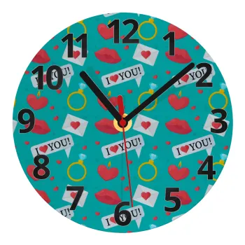 I Love You hearts rings & kiss pattern, Ρολόι τοίχου γυάλινο (20cm)