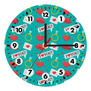 I Love You hearts rings & kiss pattern, Wooden wall clock (20cm)