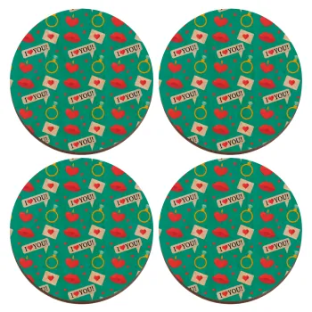 I Love You hearts rings & kiss pattern, ΣΕΤ x4 Σουβέρ ξύλινα στρογγυλά plywood (9cm)