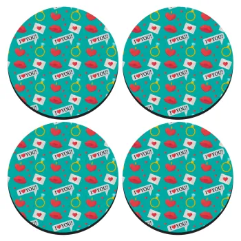 I Love You hearts rings & kiss pattern, SET of 4 round wooden coasters (9cm)