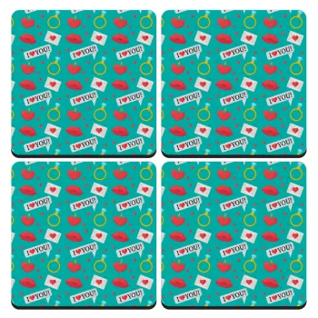 I Love You hearts rings & kiss pattern, ΣΕΤ 4 Σουβέρ ξύλινα τετράγωνα (9cm)