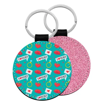 I Love You hearts rings & kiss pattern, Μπρελόκ Δερματίνη, στρογγυλό ΡΟΖ (5cm)