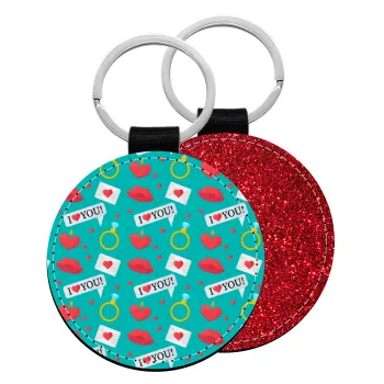 I Love You hearts rings & kiss pattern, Μπρελόκ Δερματίνη, στρογγυλό ΚΟΚΚΙΝΟ (5cm)