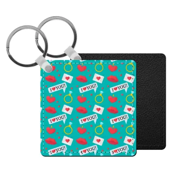 I Love You hearts rings & kiss pattern, Μπρελόκ Δερματίνη, τετράγωνο ΜΑΥΡΟ (5x5cm)