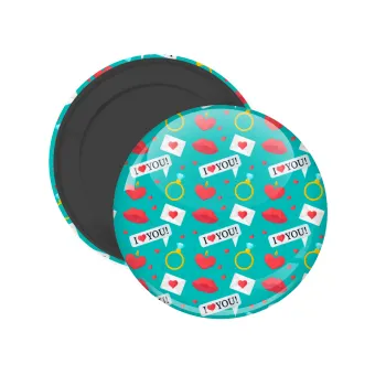 I Love You hearts rings & kiss pattern, Μαγνητάκι ψυγείου στρογγυλό διάστασης 5cm