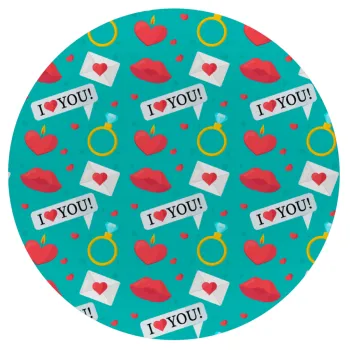 I Love You hearts rings & kiss pattern, Mousepad Στρογγυλό 20cm