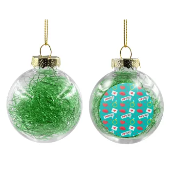 I Love You hearts rings & kiss pattern, Transparent Christmas tree ball ornament with green filling 8cm