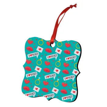 I Love You hearts rings & kiss pattern, Christmas ornament polygon wooden 7.5cm