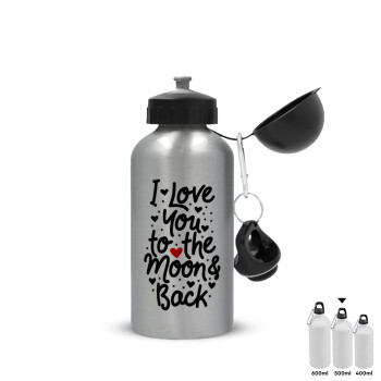 I love you to the moon and back with hearts, Metallic water jug, Silver, aluminum 500ml