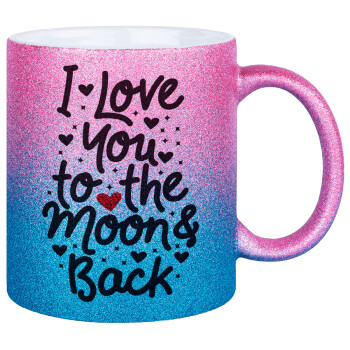 I love you to the moon and back with hearts, Κούπα Χρυσή/Μπλε Glitter, κεραμική, 330ml