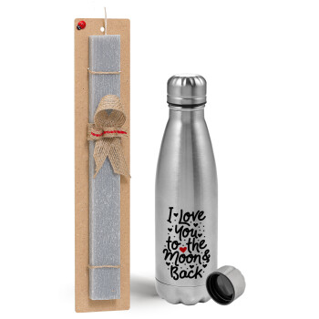 I love you to the moon and back with hearts, Easter Set, metallic Inox water bottle (750ml) & aromatic flat Easter candle (30cm) (GRAY)