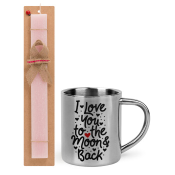 I love you to the moon and back with hearts, Easter Set, metallic thermal cup (300ml) & aromatic flat Easter candle (30cm) (PINK)