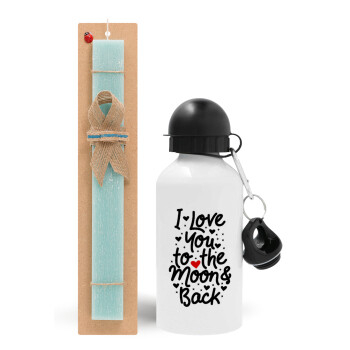 I love you to the moon and back with hearts, Easter Set, metallic aluminum water bottle (500ml) & scented flat candle (30cm) (TURQUOISE)