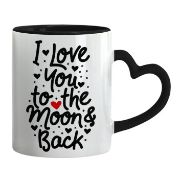 I love you to the moon and back with hearts, Mug heart black handle, ceramic, 330ml
