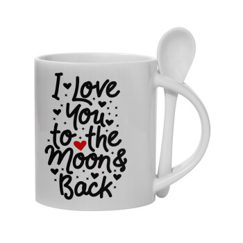 I love you to the moon and back with hearts, Ceramic coffee mug with Spoon, 330ml (1pcs)